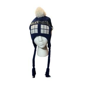 Dr Who Tardis Police Call Box Peruvian Knit Pom Beanie Hat Laplander Adult